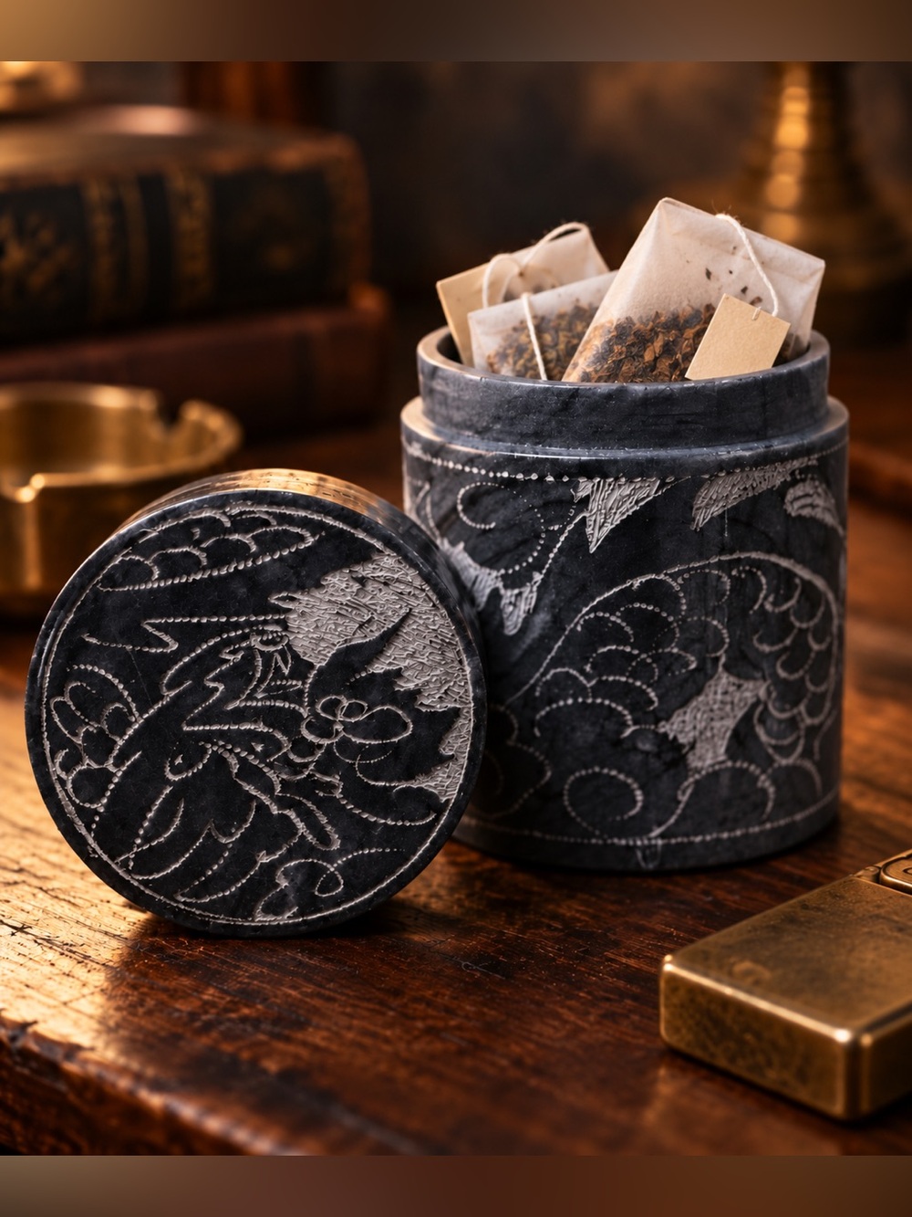 Vintage Etched Grey Soapstone Cigarette Holder Canister • Engraved Jewelry Box